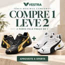 VESTRA: Compre 1, leve 2. Dois pares de tênis pelo preço de um, nas cores preto com dourado e branco com preto.